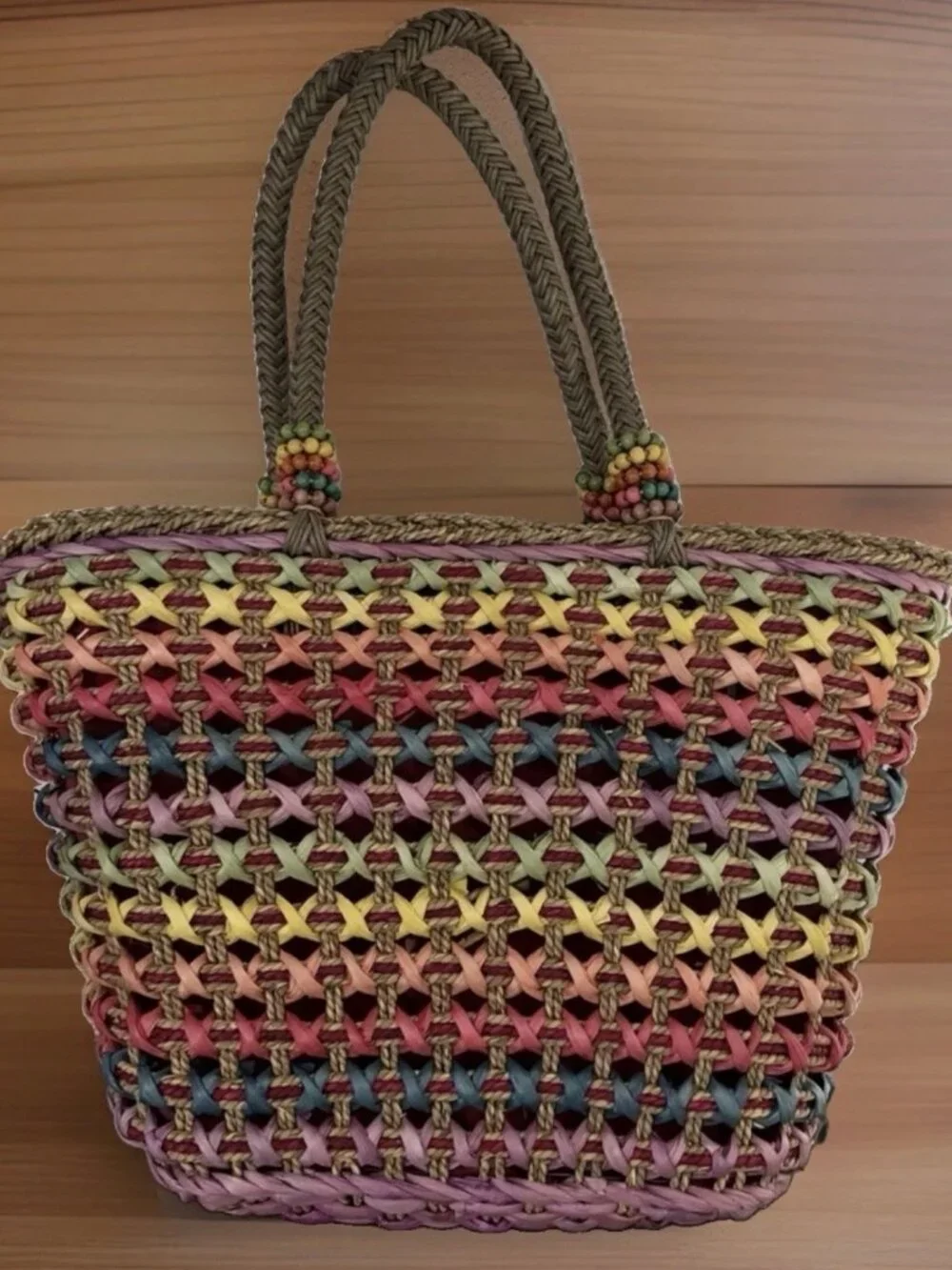 Sun And Sand Purse Straw Woven Tote Zip Closure 2 Pockets Inside Rainbow Colors
